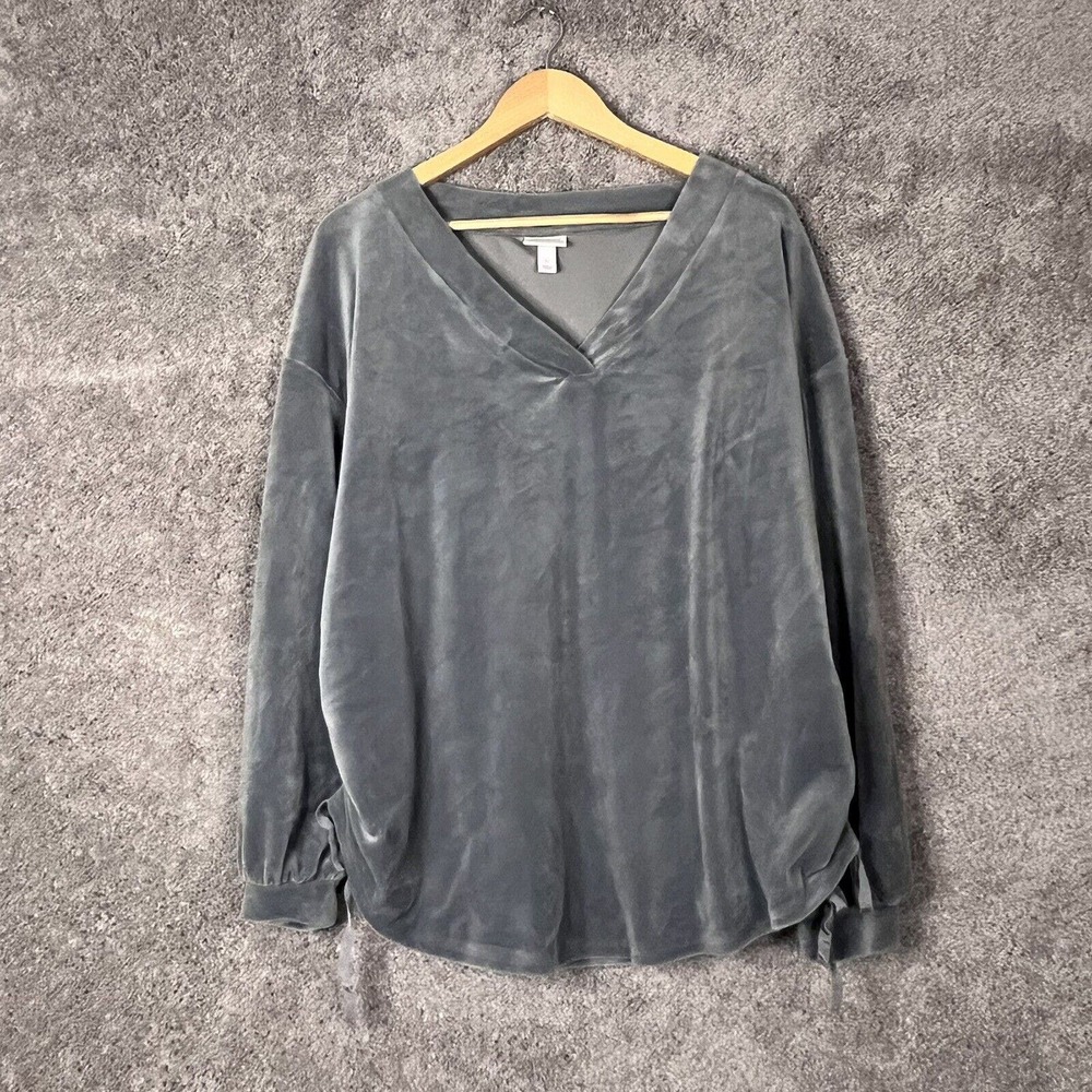 Isabel Maternity Shirt Womens Large Grey Velour Long Sleeve V-Neck Side Ruch